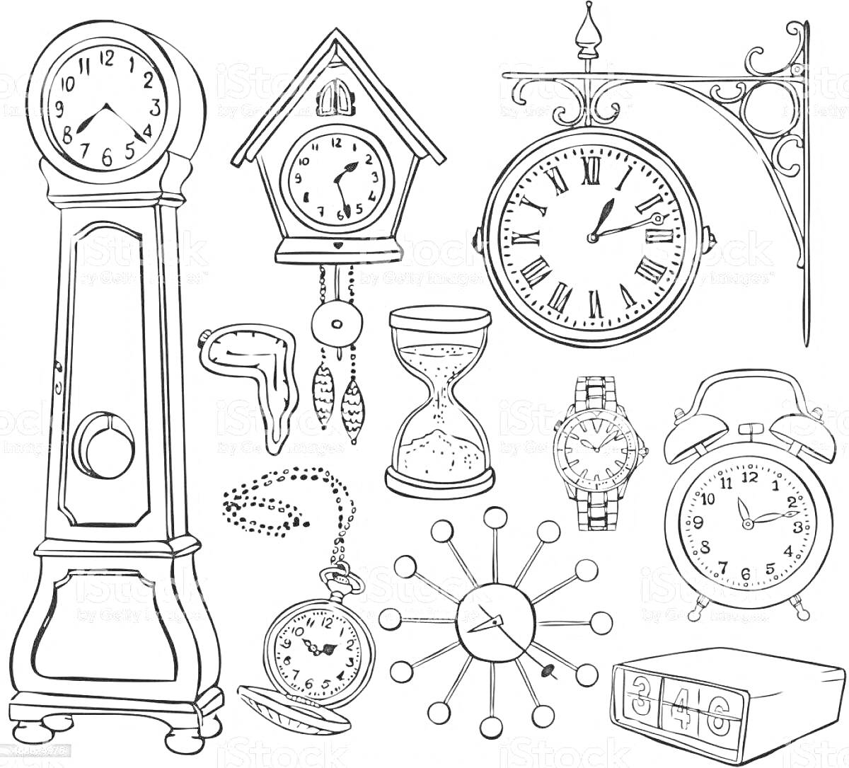 На раскраске изображено: Часы, Кукушка, Настенные часы, Песочные часы, Наручные часы, Карманные часы, Будильник, Электронные часы, Время