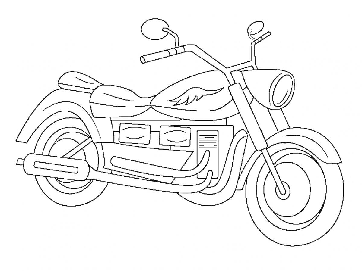 На раскраске изображено: Мотоцикл, Транспорт, Для детей, Пять лет, Фары, Мотор, Колёса