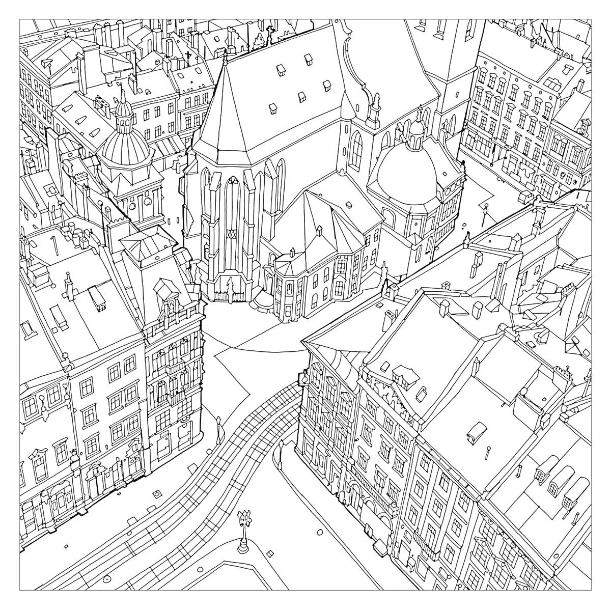 Раскраска Вид на средневековый город с высоты с различными зданиями, включающими церковь, дома, улицы и крышами