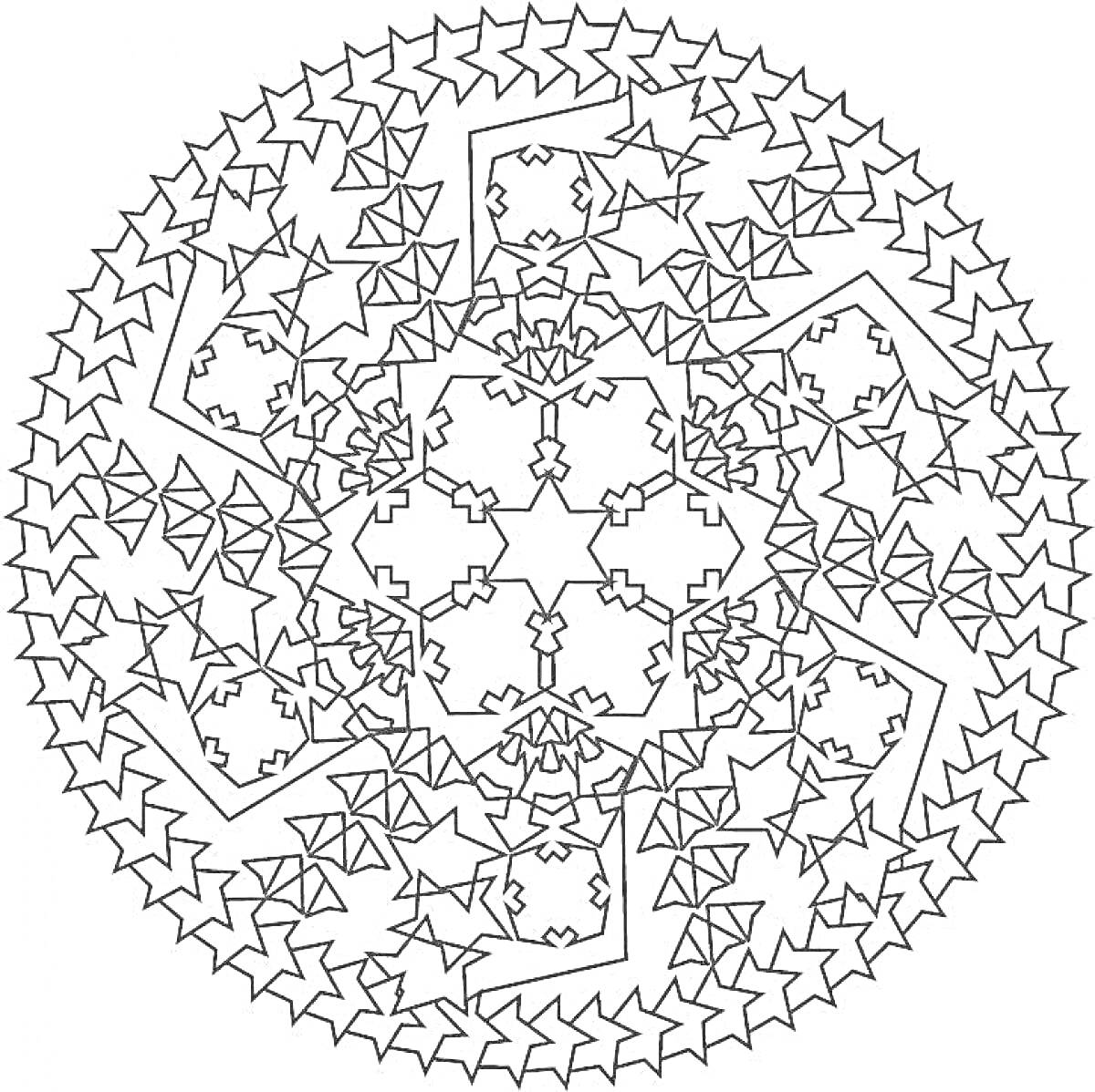 На раскраске изображено: Мандала, Геометрия, Звезды, Оригами, Симметрия, Круги