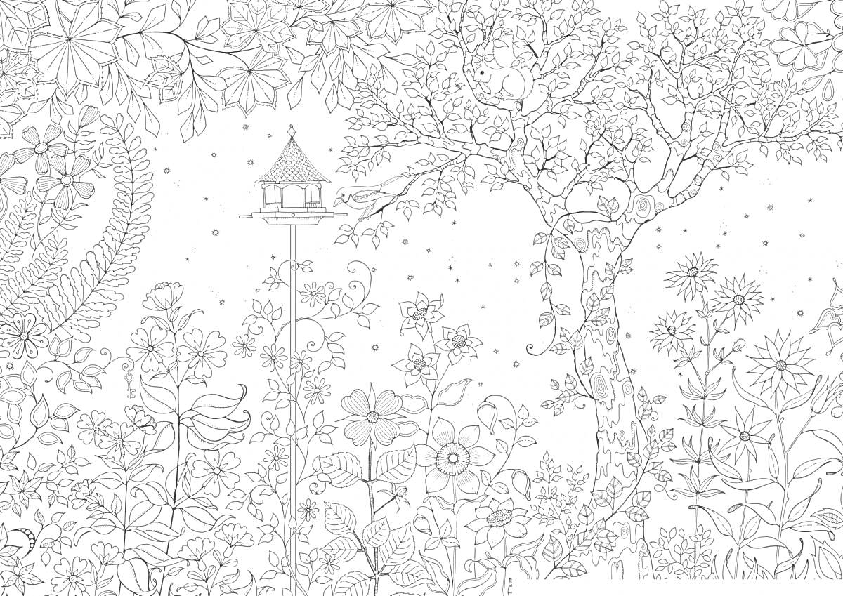 На раскраске изображено: Сад, Цветы, Павлин, Домик для птиц, Листья, Природа, Растения