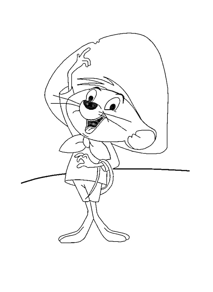 Раскраска мультсериал с мышонком в большой шляпе, поднявшим одну руку вверх