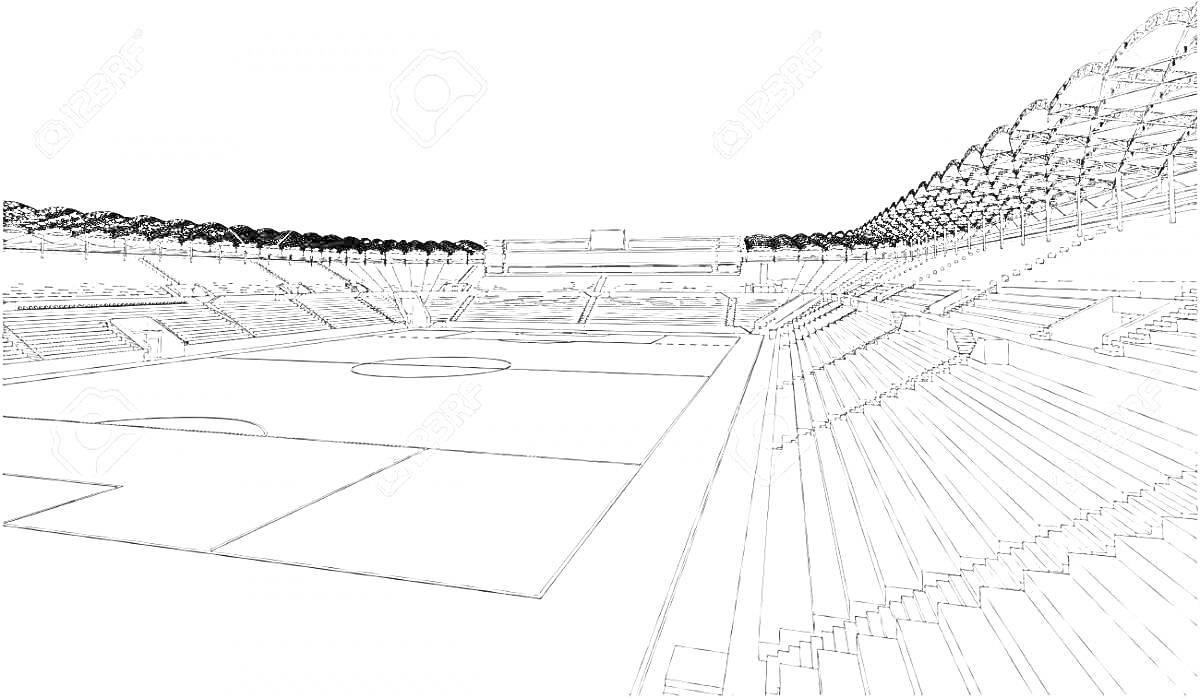 На раскраске изображено: Стадион, Футбольное поле, Трибуны, Крыша, Архитектура, Спорт