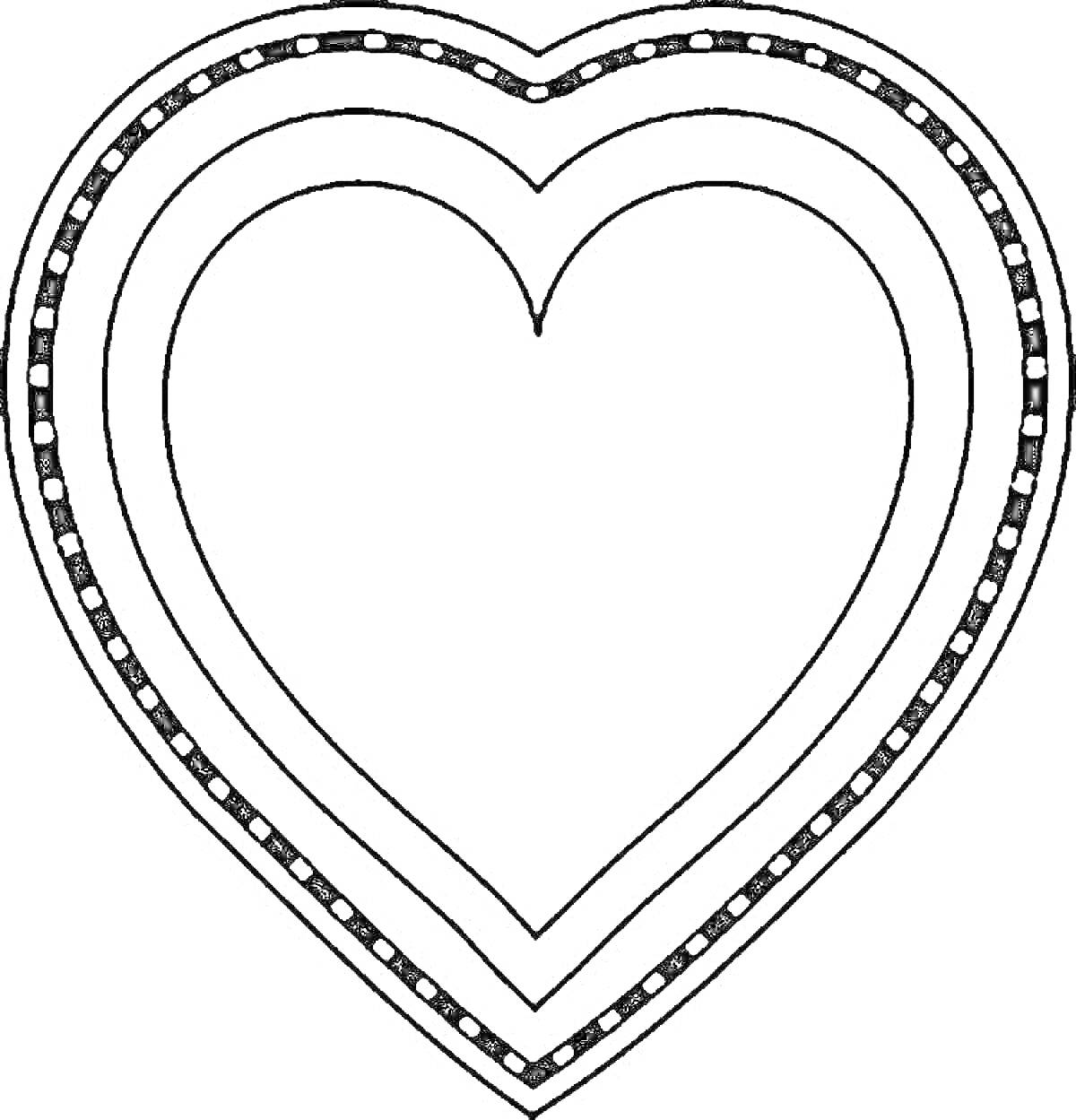 Раскраска Шаблон сердца с тремя контурами и пунктирной линией