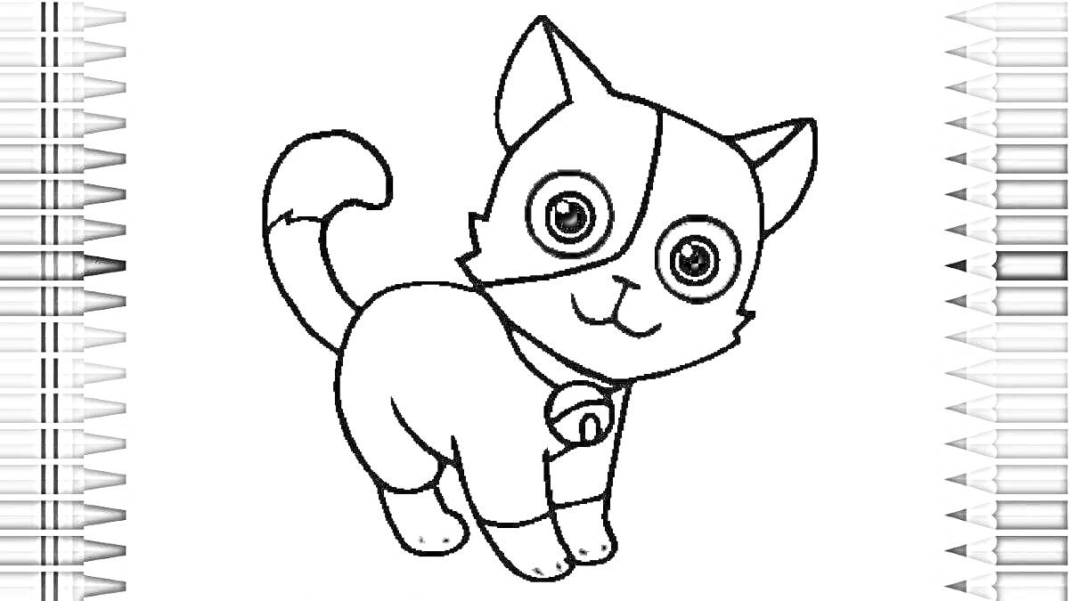 На раскраске изображено: Кот, Колокольчик, Большие глаза, Хвост, Для детей, Контурное изображение, Картун кэт