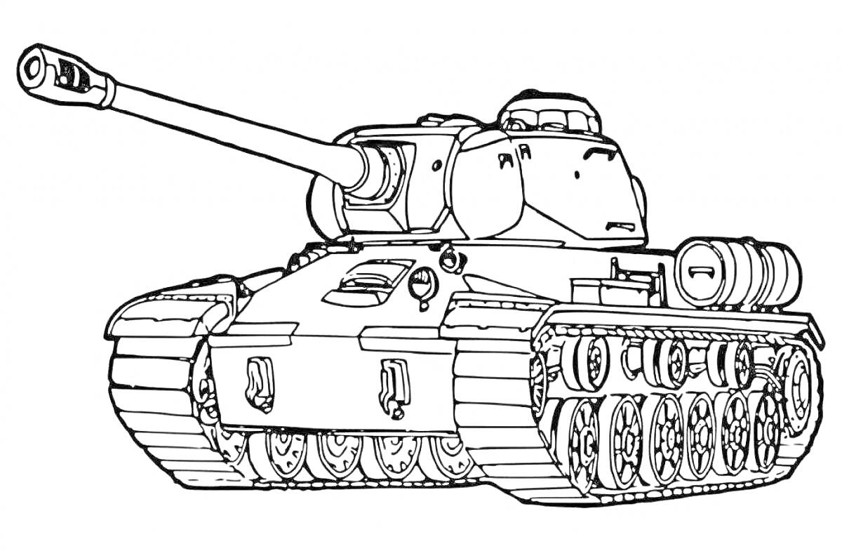 Раскраска Танковая раскраска для детей: Танк Т-34 с пушкой, башней, гусеницами и деталями корпуса