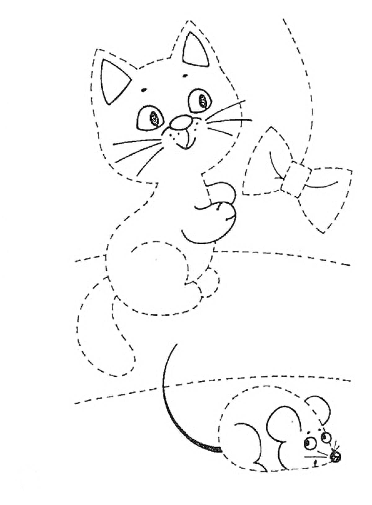 Раскраска Кошка с мышкой и бантом