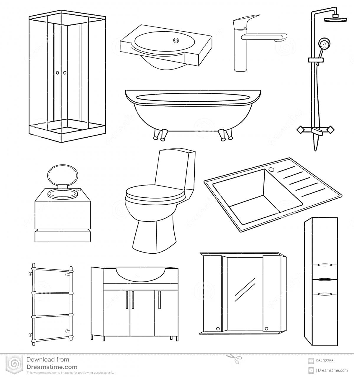 Раскраска Элементы ванной комнаты: душ, раковина, смеситель, ванна, душевая система, туалет, подставка с зеркалом, раковина с тумбой, полотенцесушитель, шкафчик с зеркалом, шкаф-тумба
