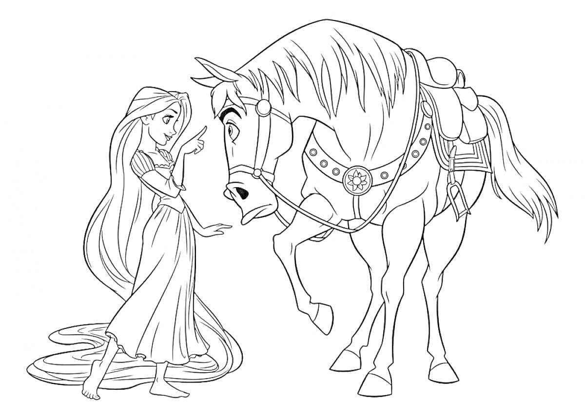 Раскраска Девушка с длинными волосами и лошадь. Девушка в длинном платье гладит лошадь.