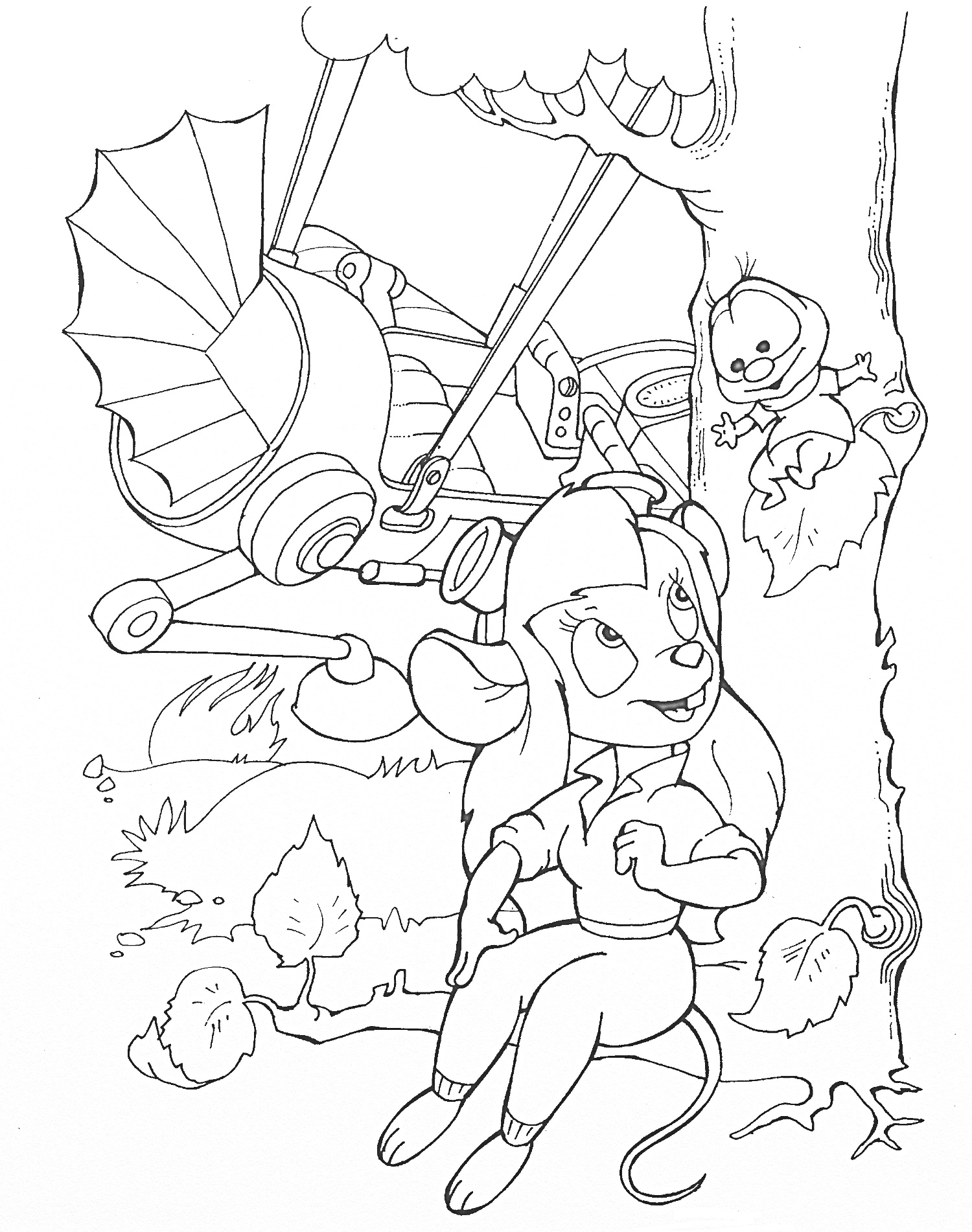 Раскраска Гайка под деревом с цепным самолётом и черепом