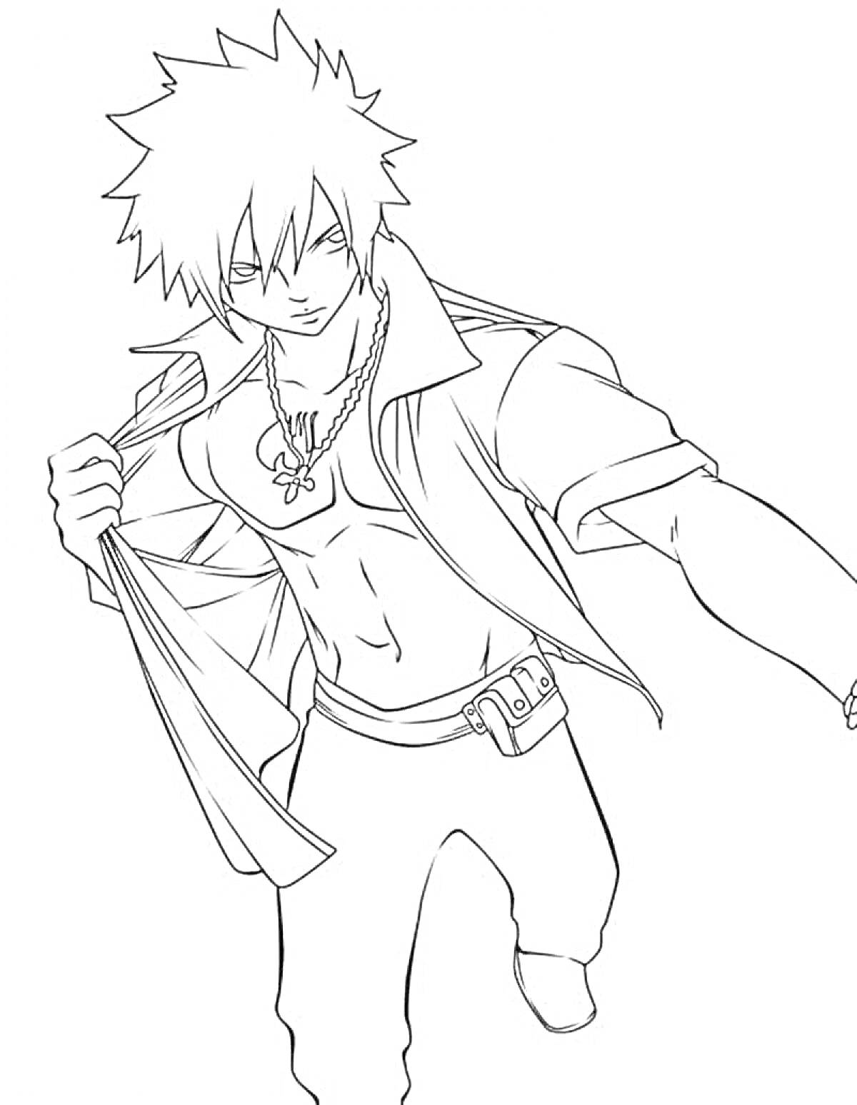 На раскраске изображено: Мужчина, Растрепанные волосы, Ожерелье, Брюки