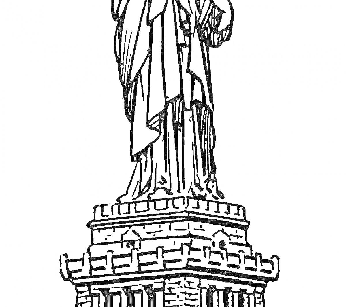 На раскраске изображено: Статуя, Женщина, Пьедестал, Архитектура, Колонны