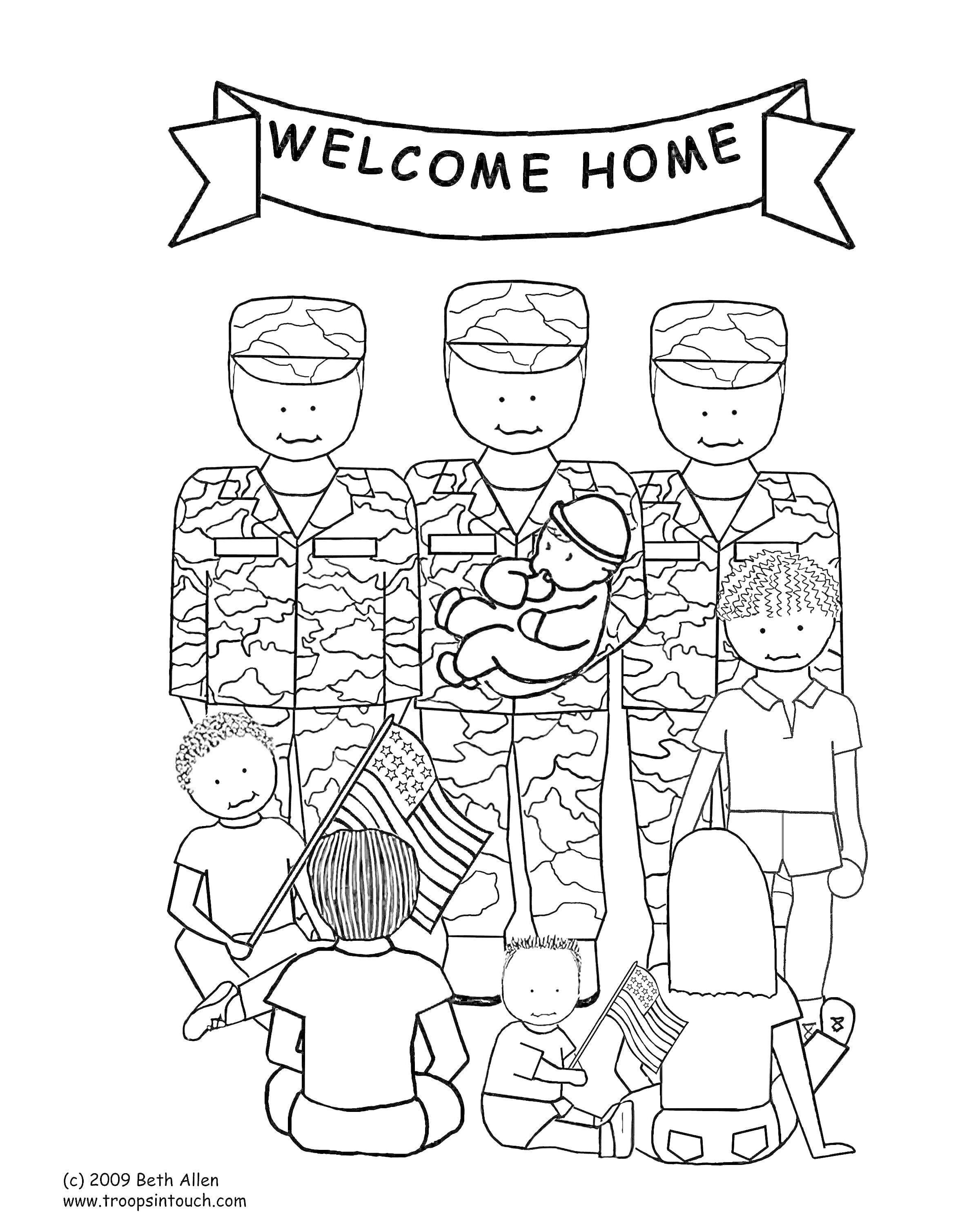 На раскраске изображено: Патриотизм, Военные, Возвращение домой, Семья, Флаг, Баннер