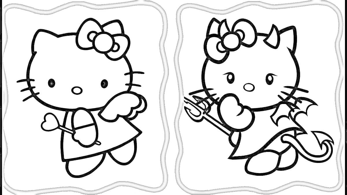 Раскраска Раскраска с двумя картинками Hello Kitty — ангел с крылышками, бантиком и сердцем, дьявол с рожками, хвостом, крыльями и трезубцем