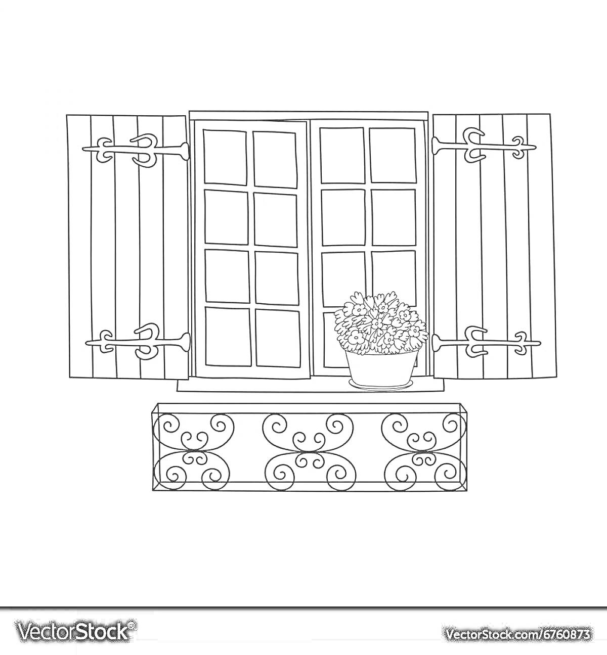 На раскраске изображено: Ставни, Подоконник, Рама, Цветок в горшке