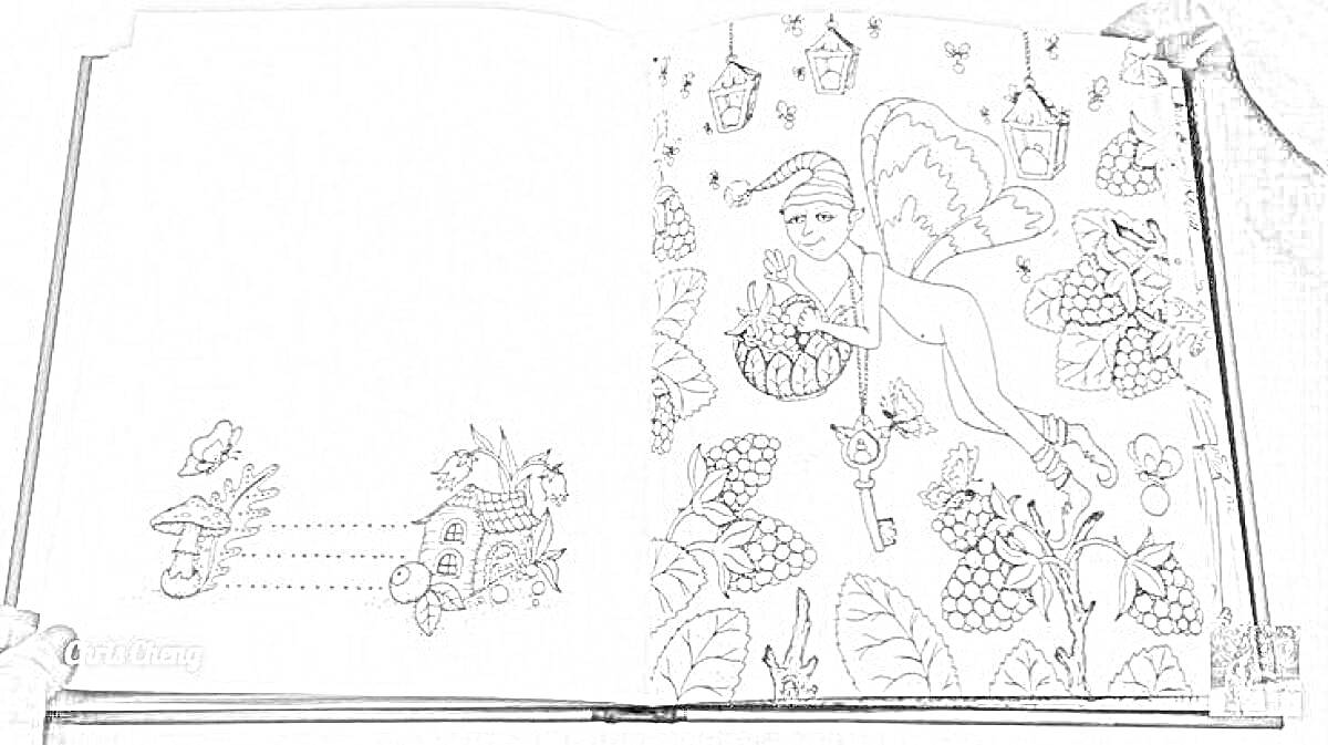 Раскраска Фея с крыльями, окруженная бабочками, ключами и домиками с цветами и листьями