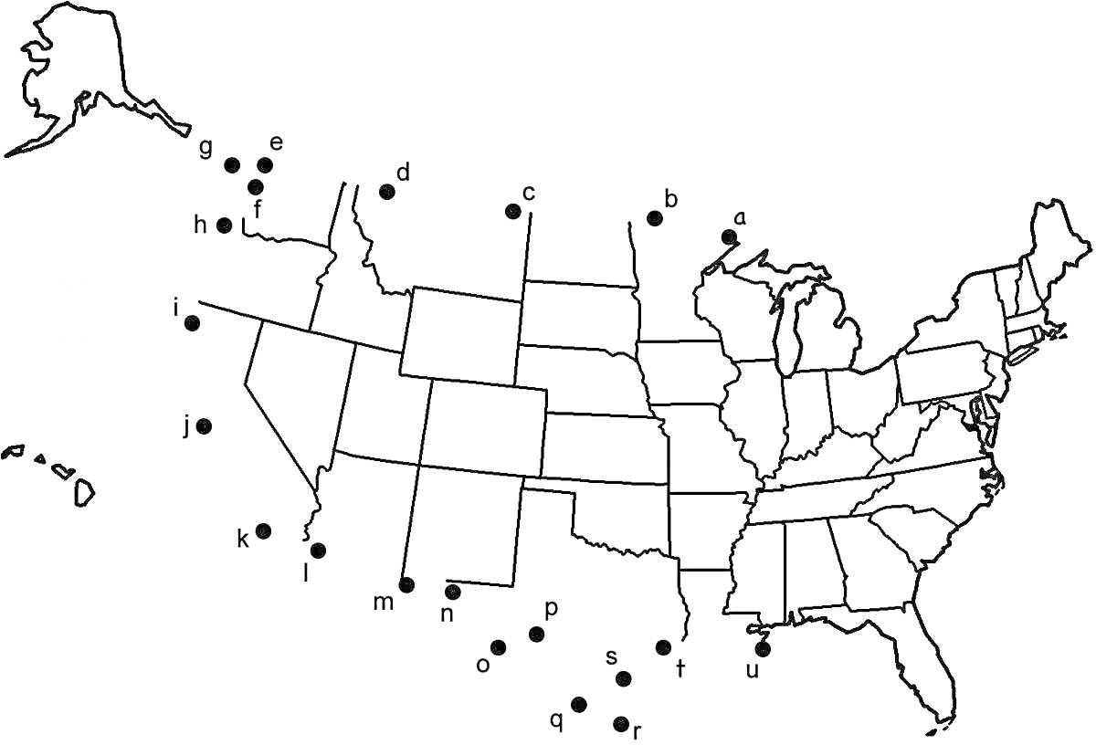 Раскраска Карта США с отмеченными местами