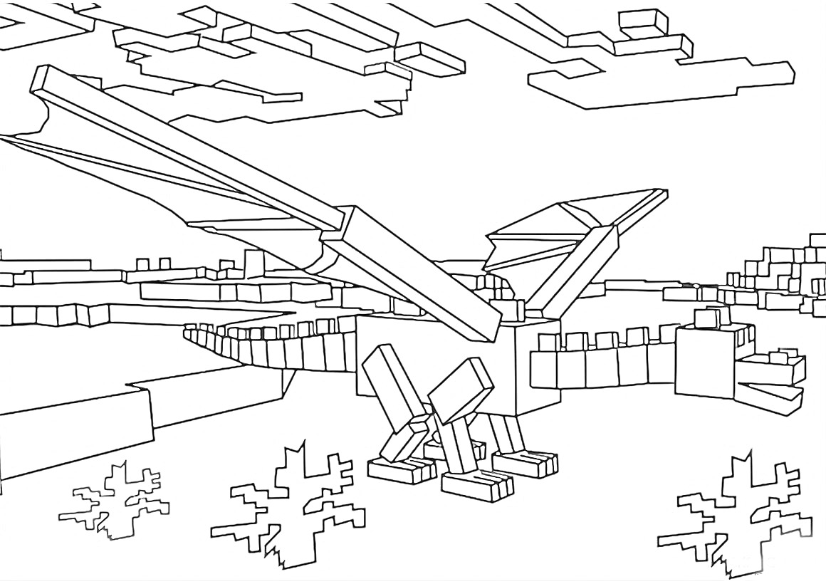 Дракон в мире Майнкрафт, окруженный кубическими блоками и сидящий на земле