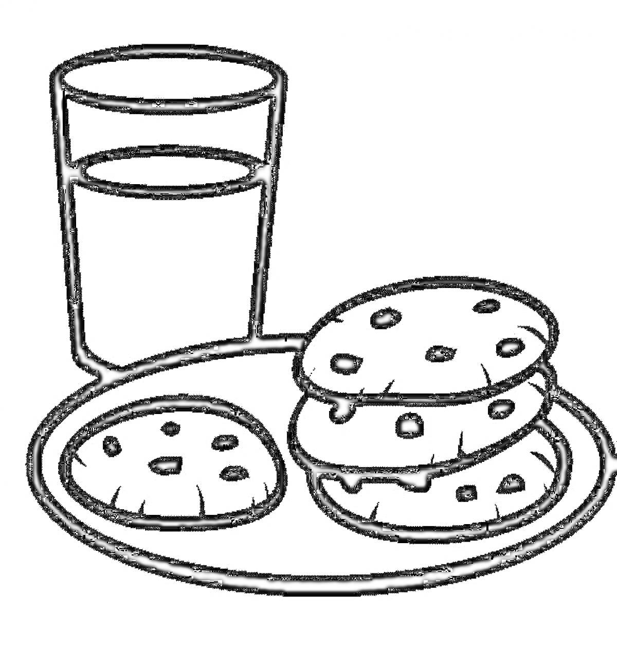 Раскраска Стакан молока и тарелка с печеньем