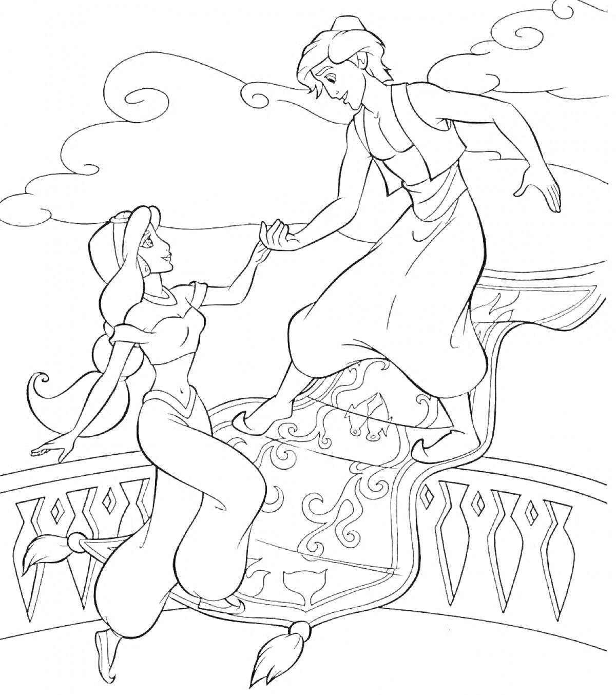 На раскраске изображено: Арабская ночь, Принц, Принцесса, Летающий ковер, Небо, Приключения, Восточный стиль, Романтика, Облака