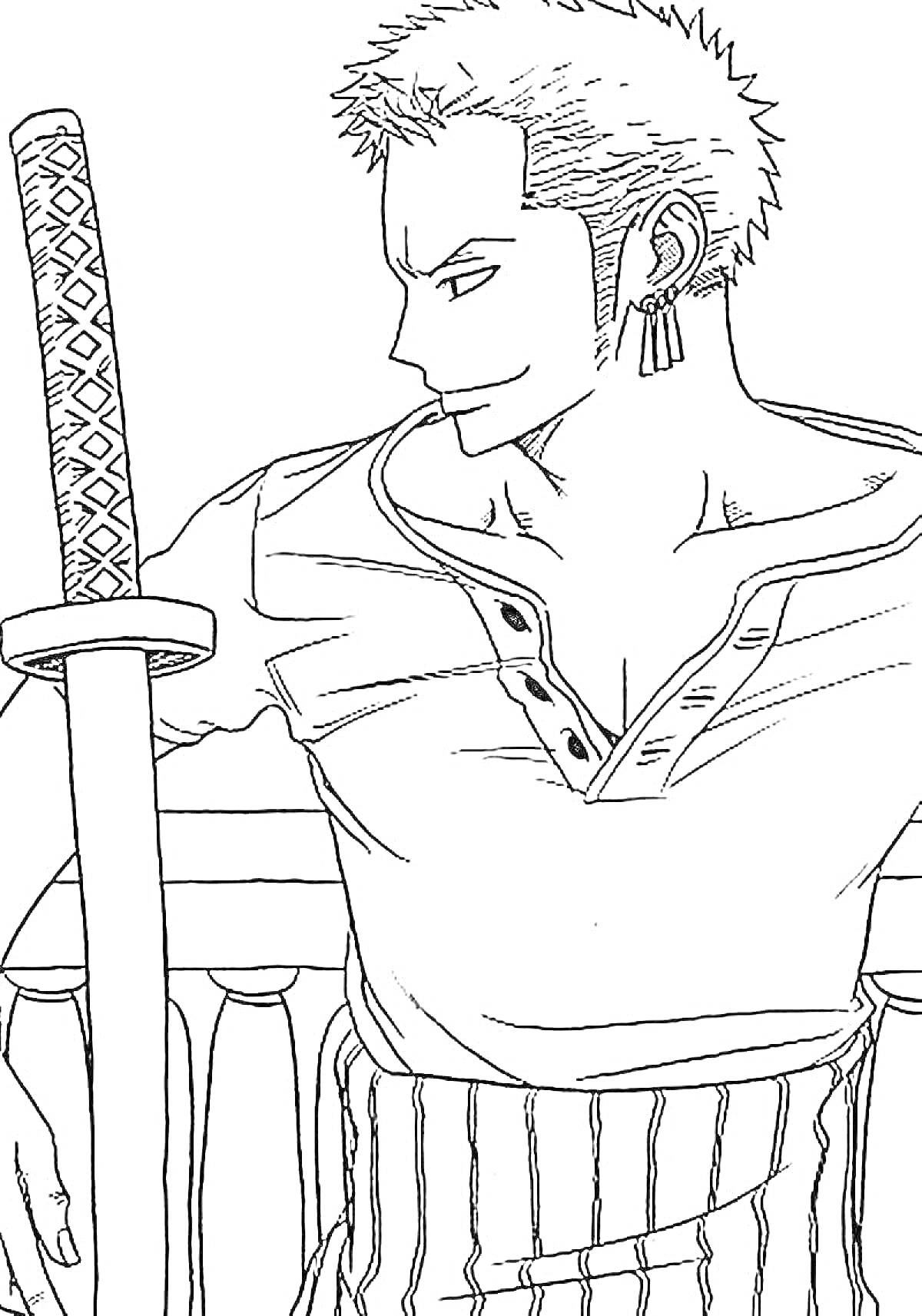 Раскраска Зоро с мечом, смотрящий в сторону, в распахнутой рубашке с пуговицами, стоящий возле перил