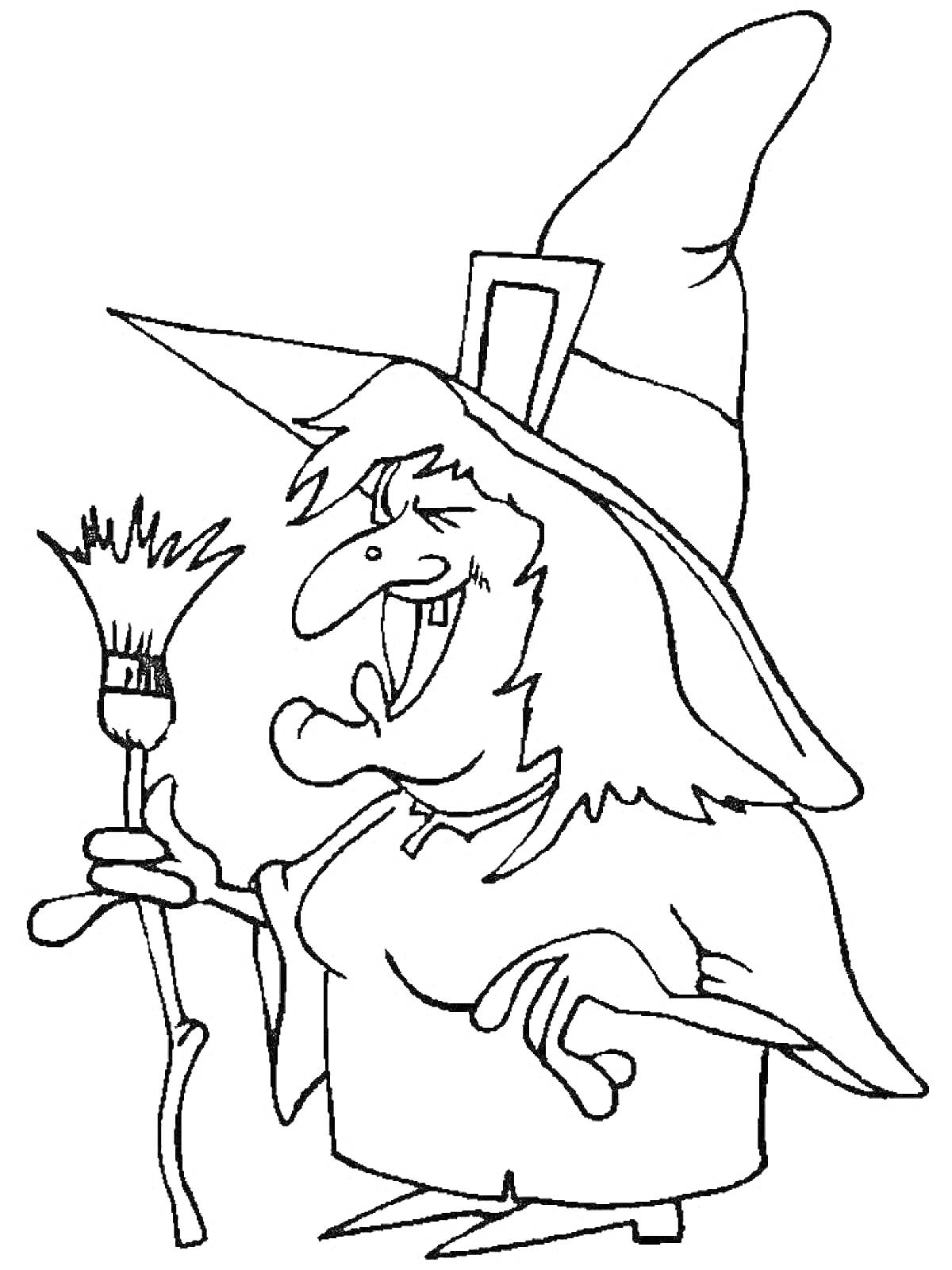 На раскраске изображено: Ведьма, Шляпа, Метла, Магия, Старуха, Колдовство, Хэллоуин, Из мультфильмов