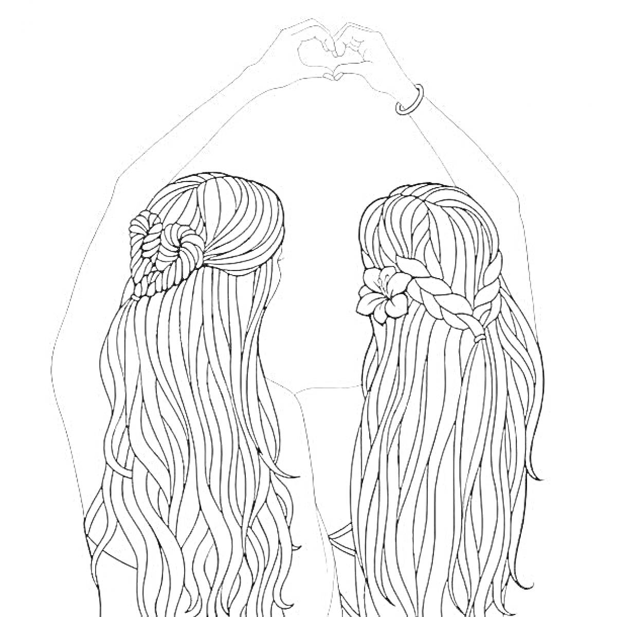 На раскраске изображено: Подруги, Длинные волосы, Прически, Дружба, Коса, Девочка, Сердца