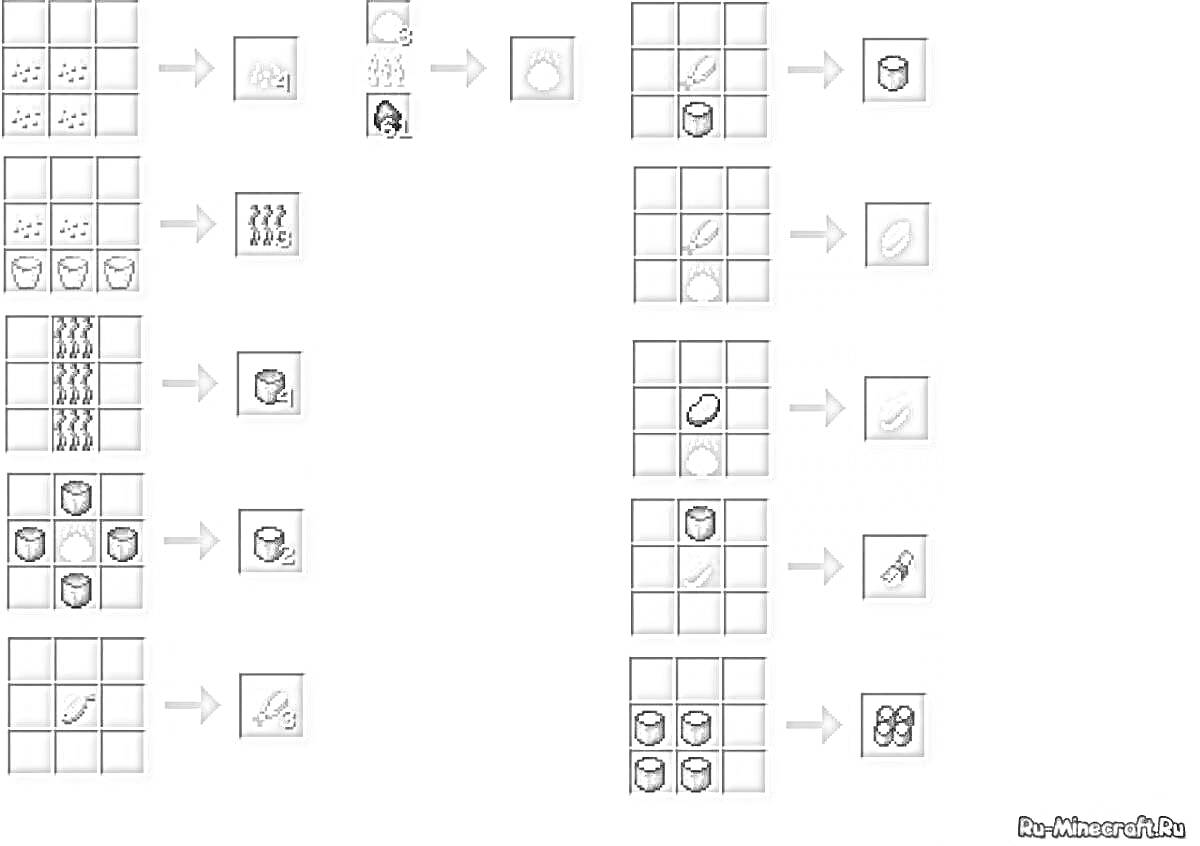 Билд крафт элементов и материалов в игре (показан процесс создания различных предметов). На изображении представлены схемы крафтов для создания нескольких элементов, включая различные блоки и предметы.