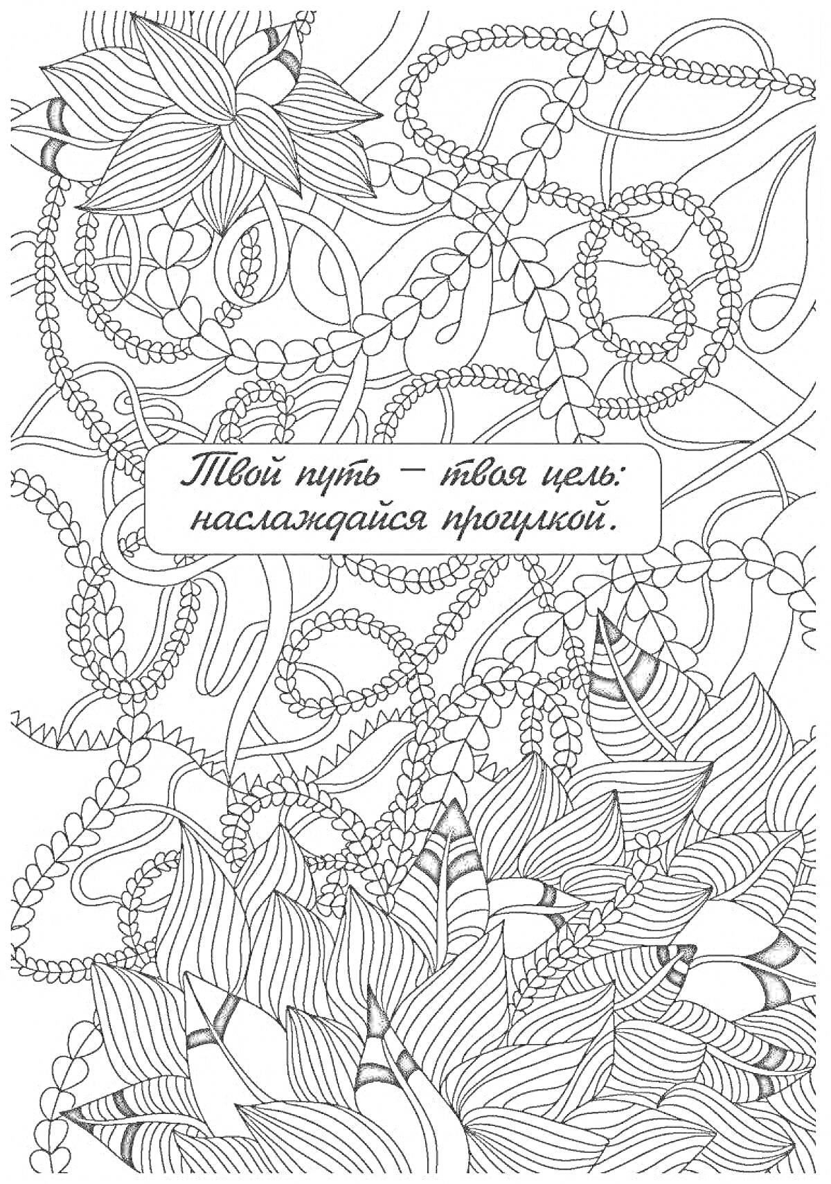 Раскраска Цветы, листья, лозы и переплетающиеся линии с надписью 