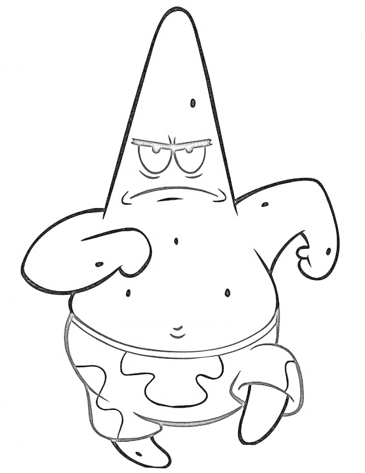 Раскраска Патрик из мультфильма в шортах с камуфляжным узором в боевой стойке