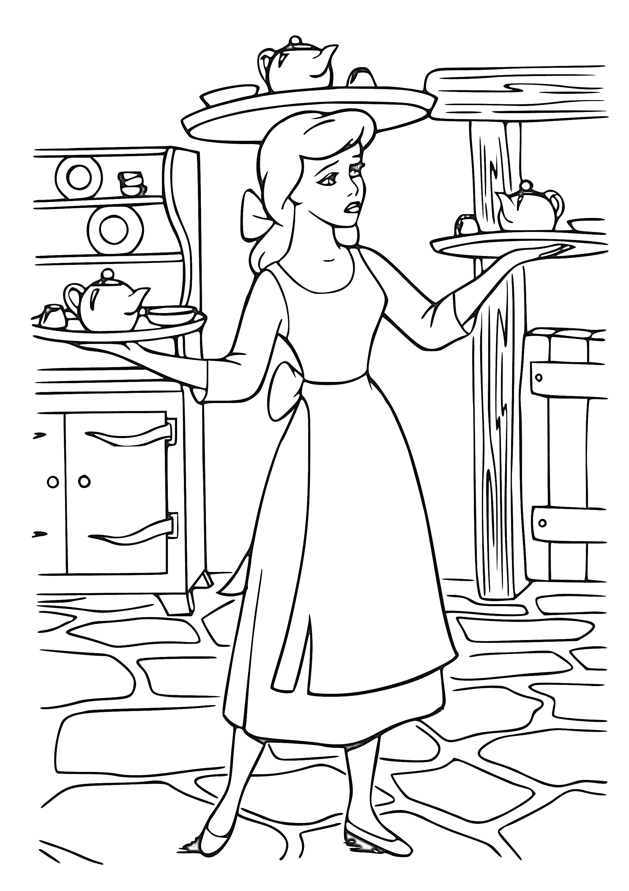 На раскраске изображено: Платье, Чайники, Кухня, Посуда