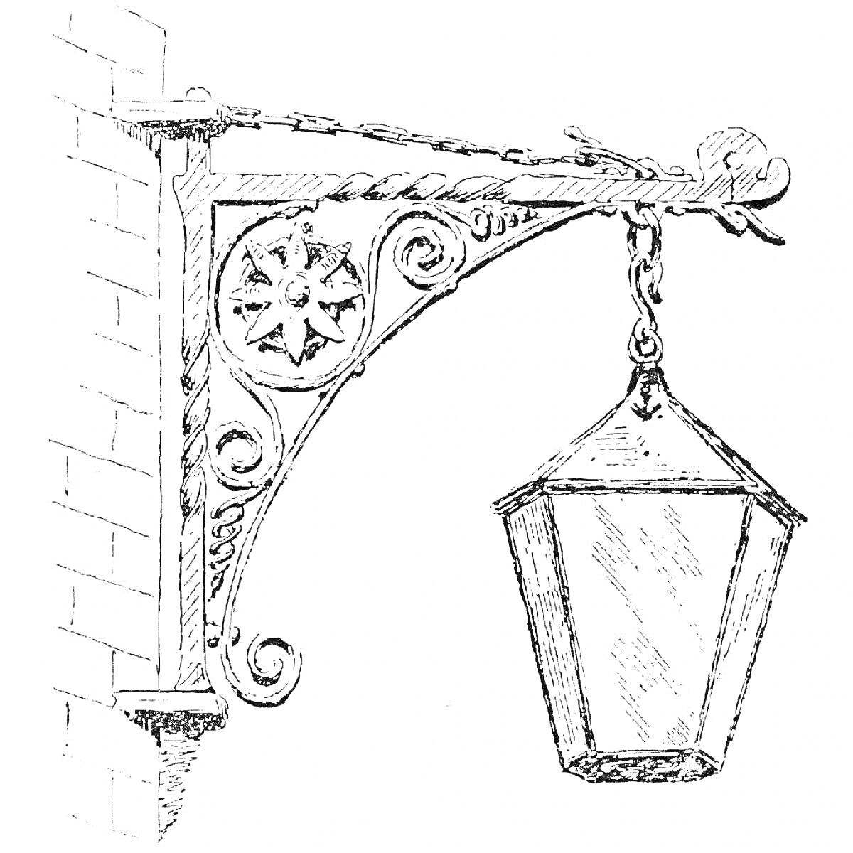 Раскраска Уличный фонарь, подвешенный на кованой кронштейне с узорами и звездой