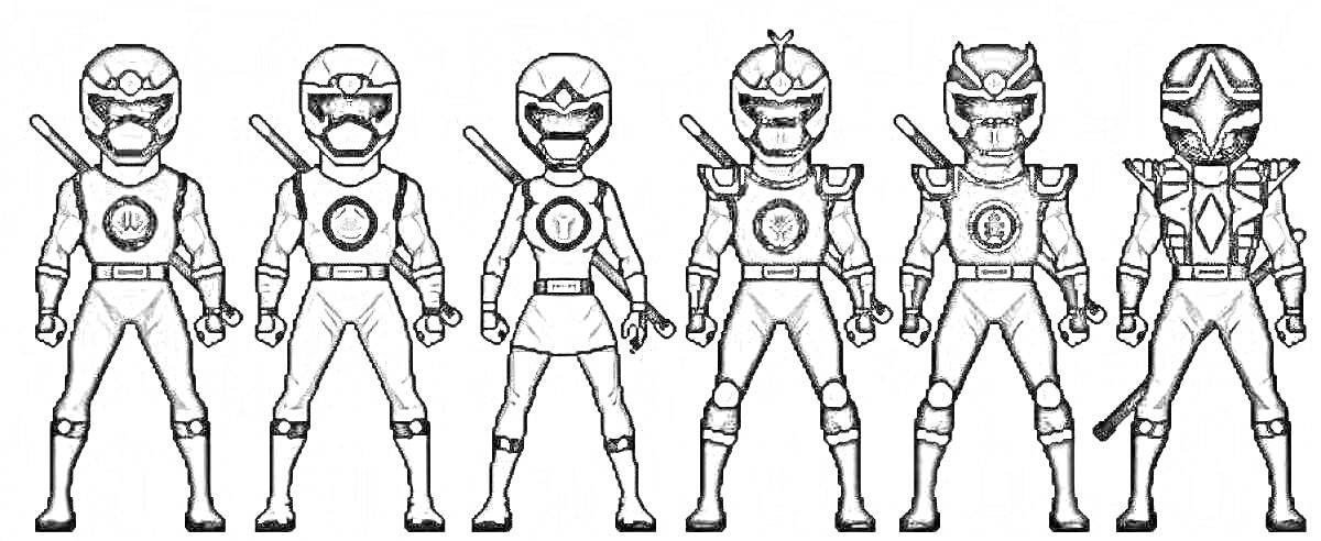 Раскраска Могучие Рейнджеры Ниндзя Шторм - шесть рейнджеров в полный рост в боевых костюмах с мечами, пять мужских и один женский персонаж.