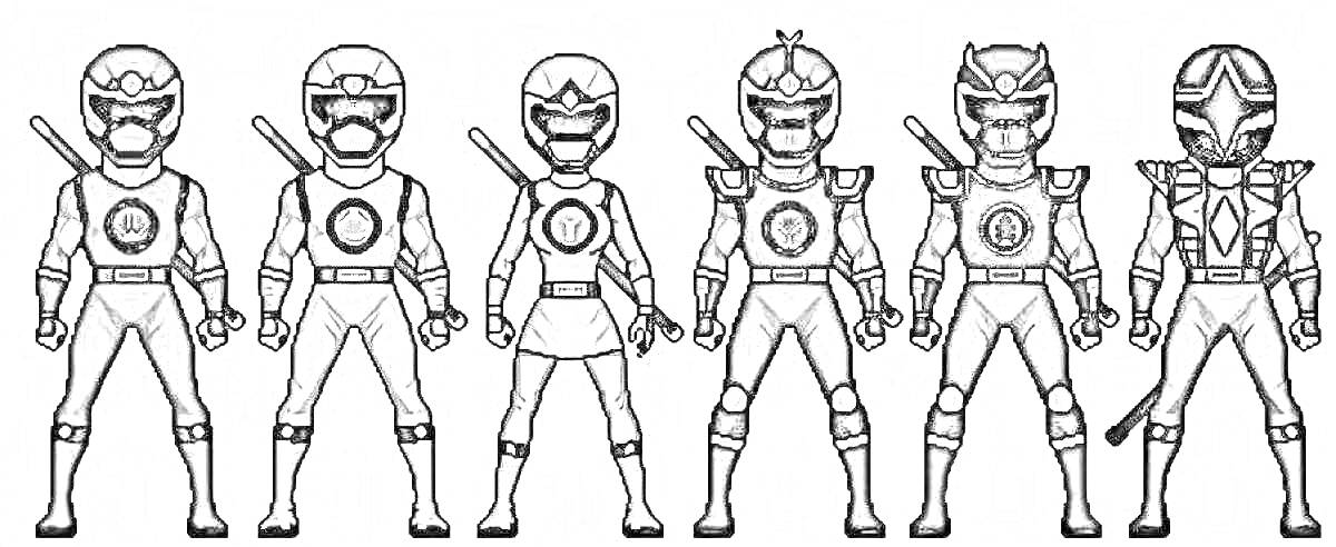 На раскраске изображено: Могучие рейнджеры, Ниндзя Шторм, Рейнджеры, Боевые костюмы, Шесть персонажей, Женский, Полный рост, Супергерои, Меч