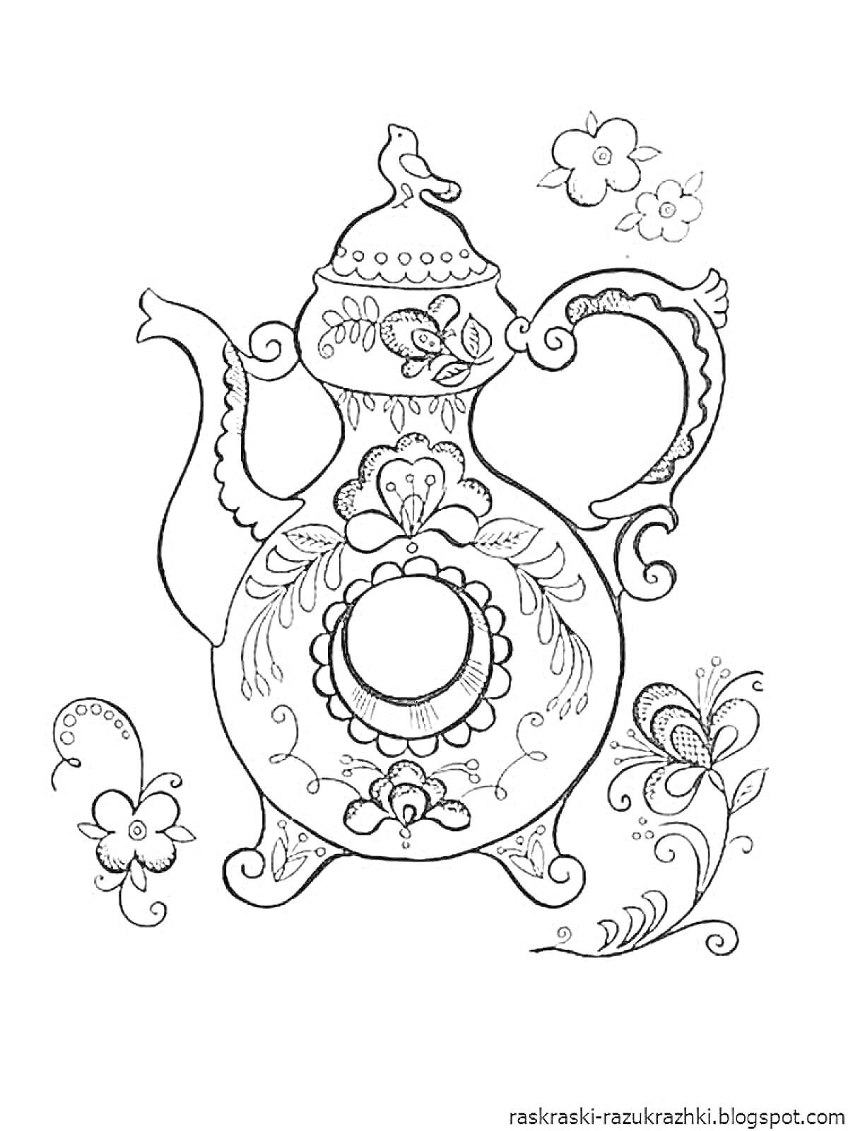 Раскраска Гжельский чайник с цветочными узорами и птицей