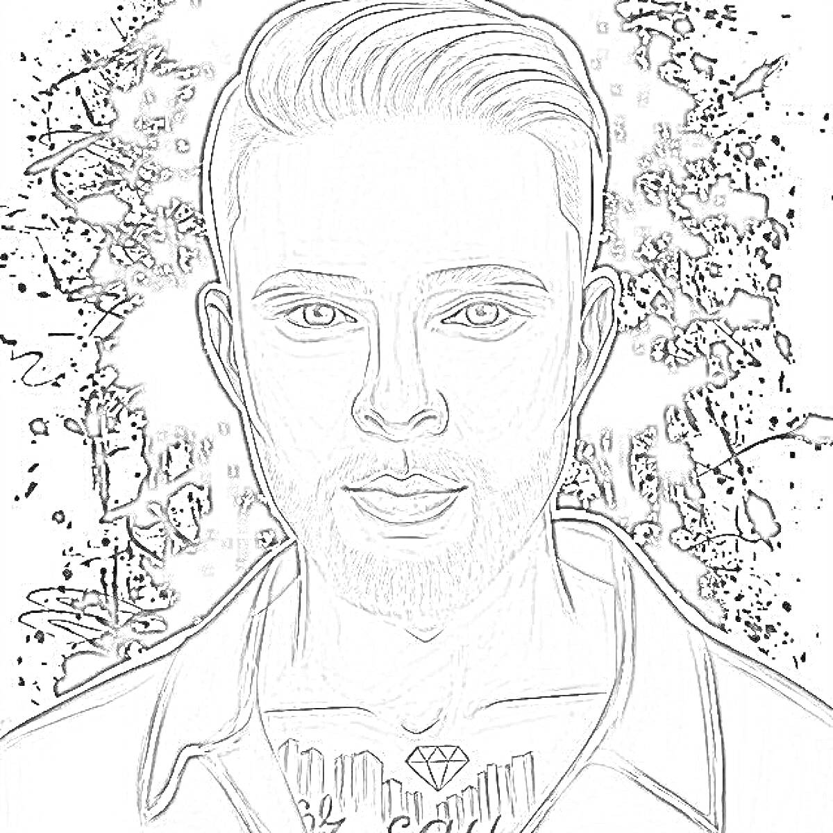 Раскраска Портрет мужчины с татуировками в рубашке на фоне абстрактных узоров