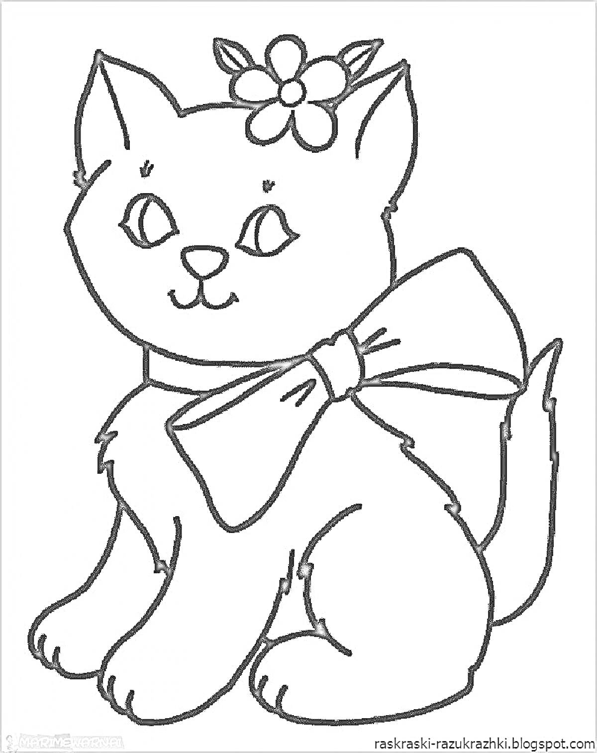 Раскраска Котик с бантом на шее и цветком на голове