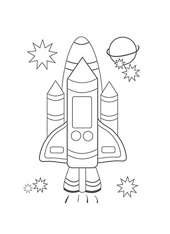 На раскраске изображено: Ракета, Космос, Звезды, Для детей, Космический корабль, Звёздное небо, Планеты