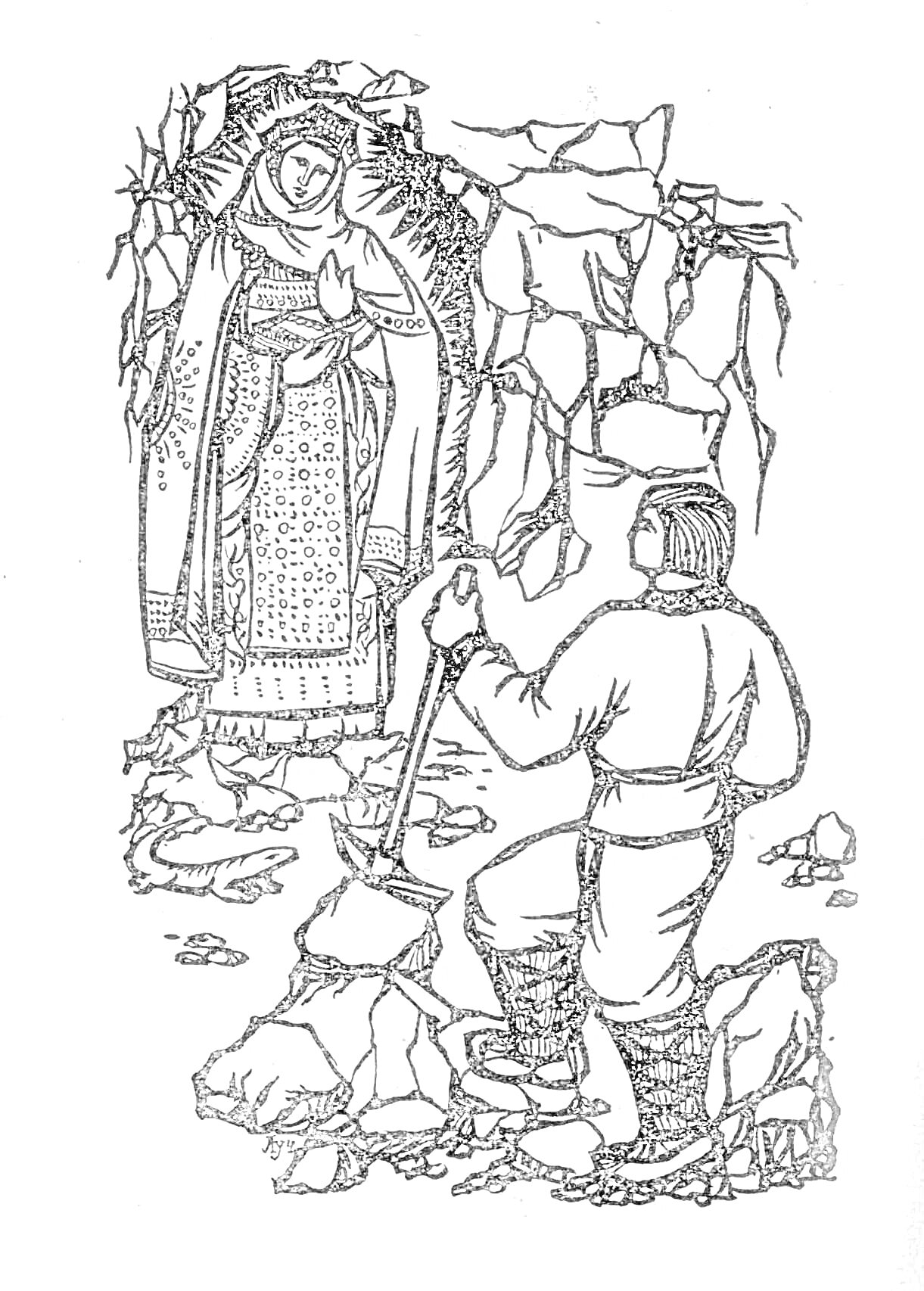 На раскраске изображено: Кирка, Традиционная одежда, Женщина, Скалы, Русская литература
