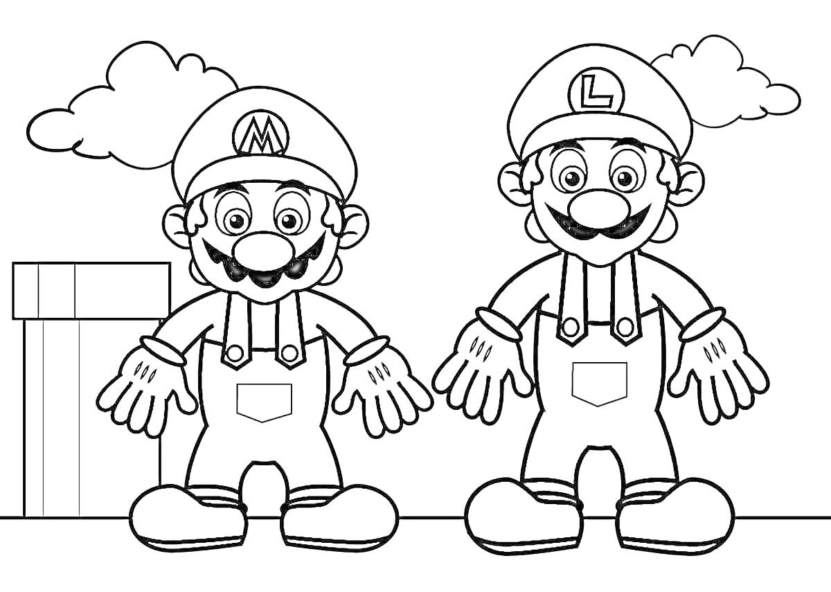 Раскраска Два персонажа в шапках с буквами M и L, на фоне трубы и облаков