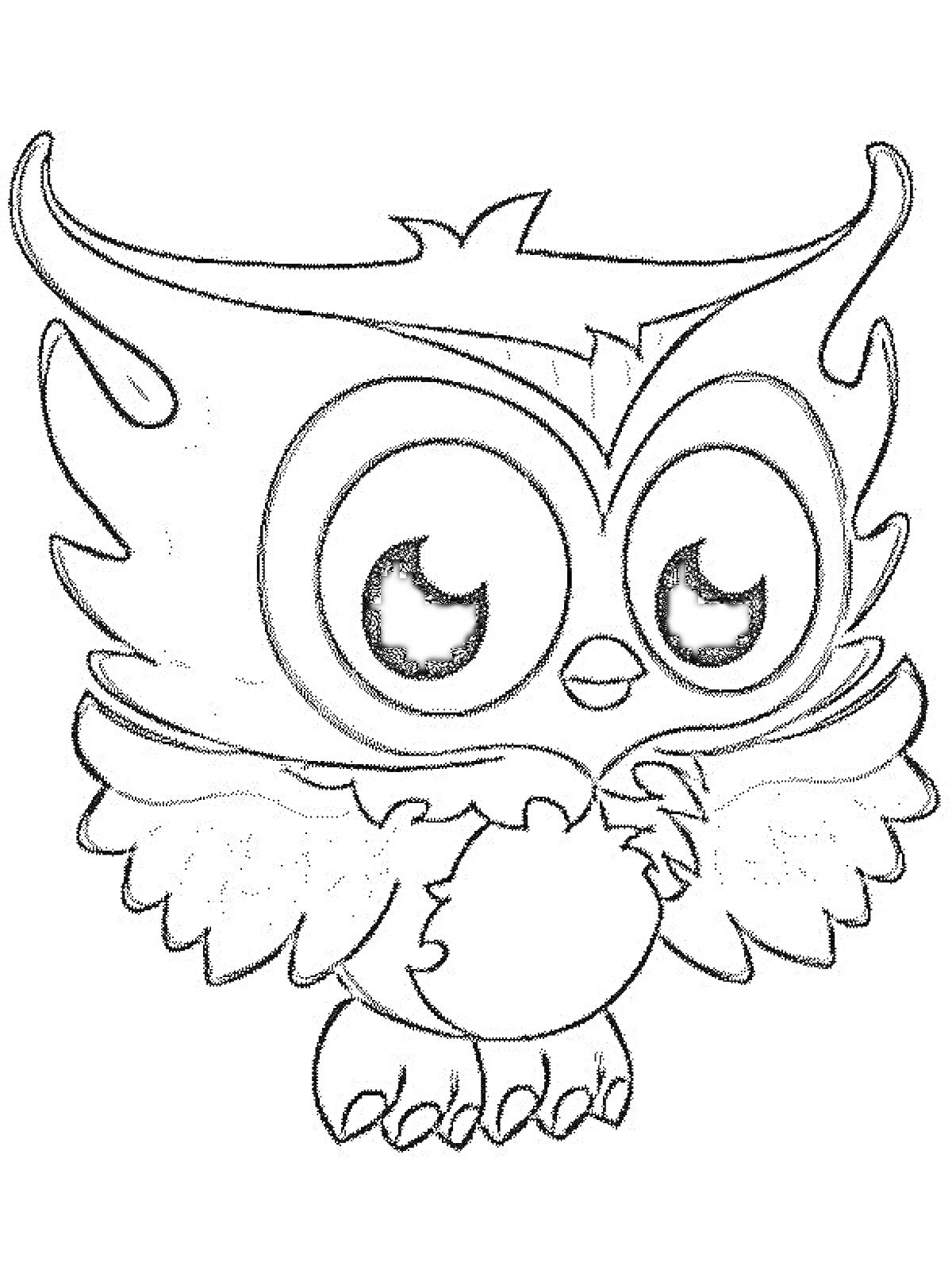 Раскраска Совушка с большими глазами, пушистыми крыльями и острыми ушками