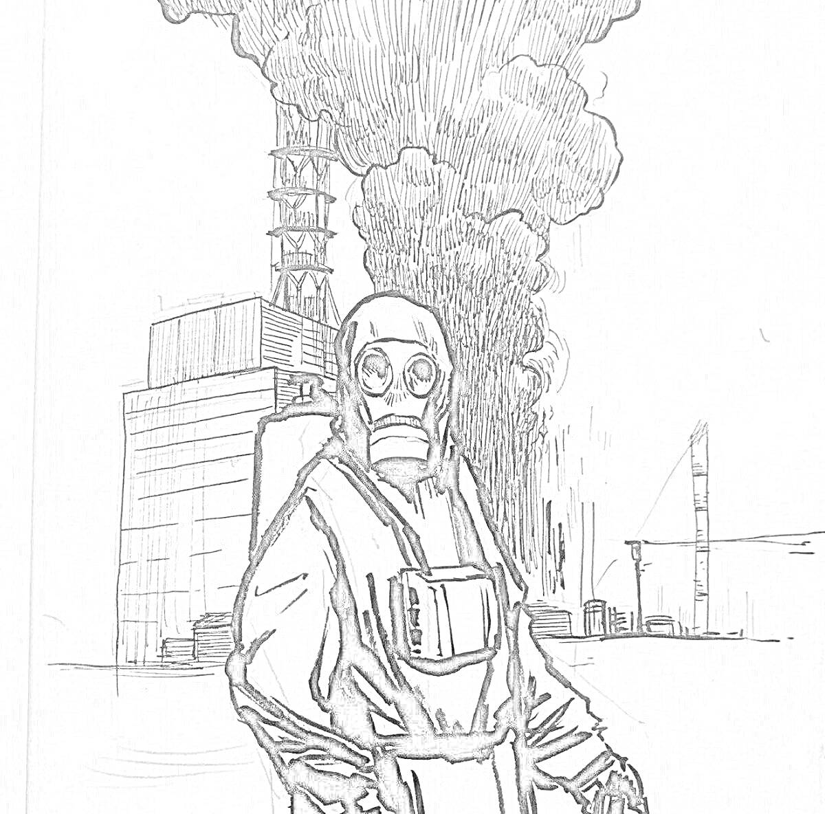 На раскраске изображено: Чернобыль, Зона отчуждения, АЭС, Реактор, Защитный костюм, Противогаз, Дым, Авария
