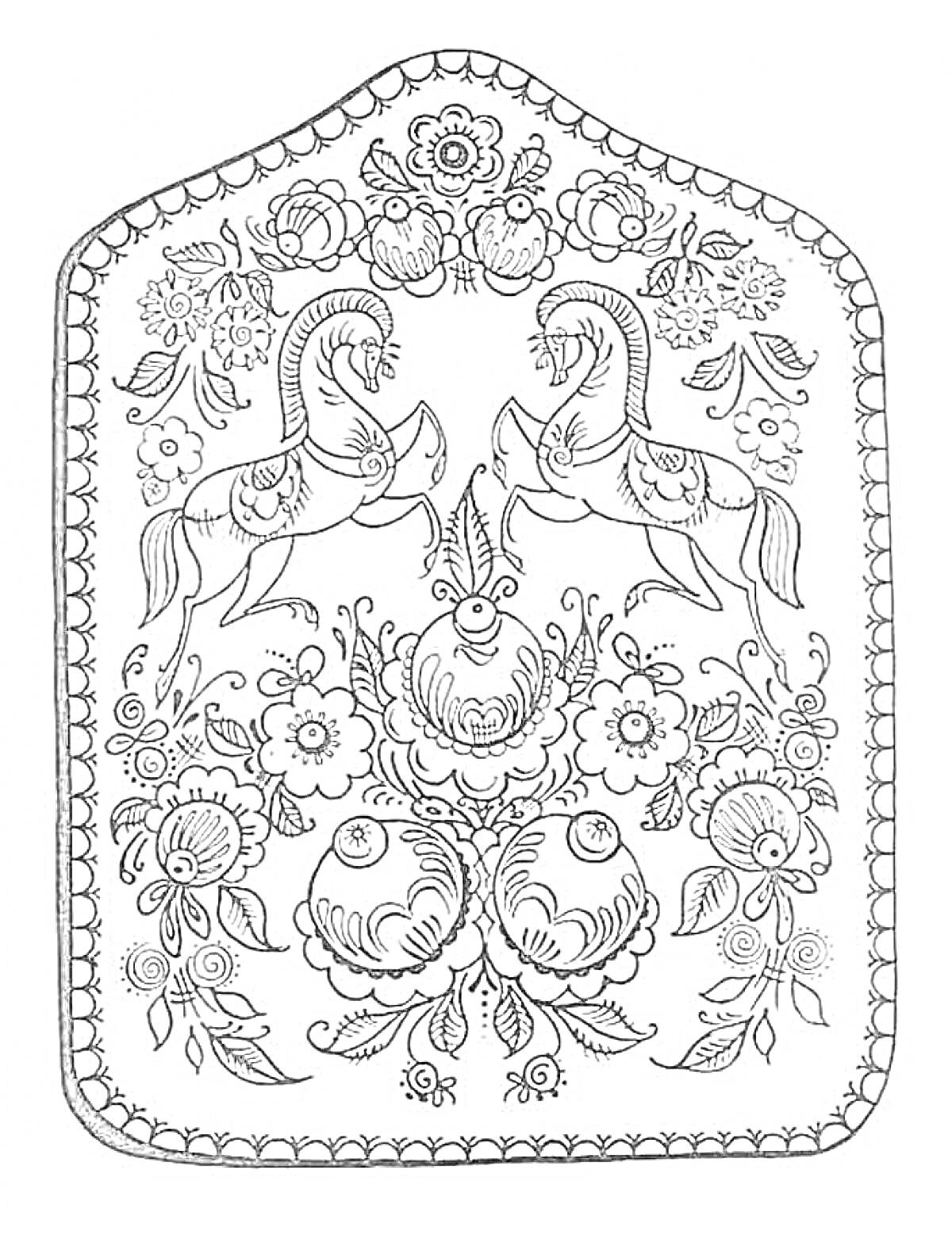 Раскраска Городецкая роспись с лошадьми, цветами и растительными орнаментами, узор на щите