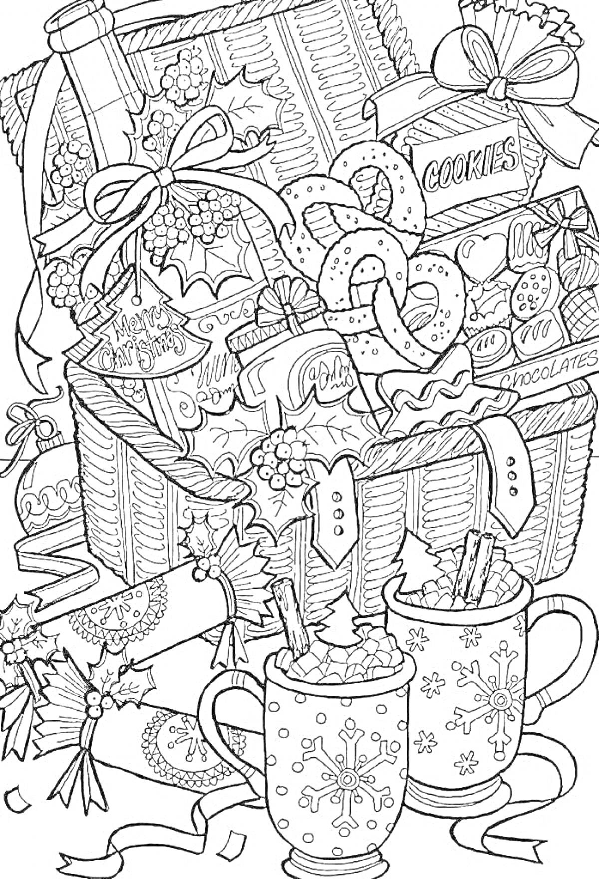 Раскраска Корзина с рождественскими сладостями, перемотанные лентами подарки, кружки какао с маршмеллоу, печенье, конфеты, шоколад, украшения из омелы