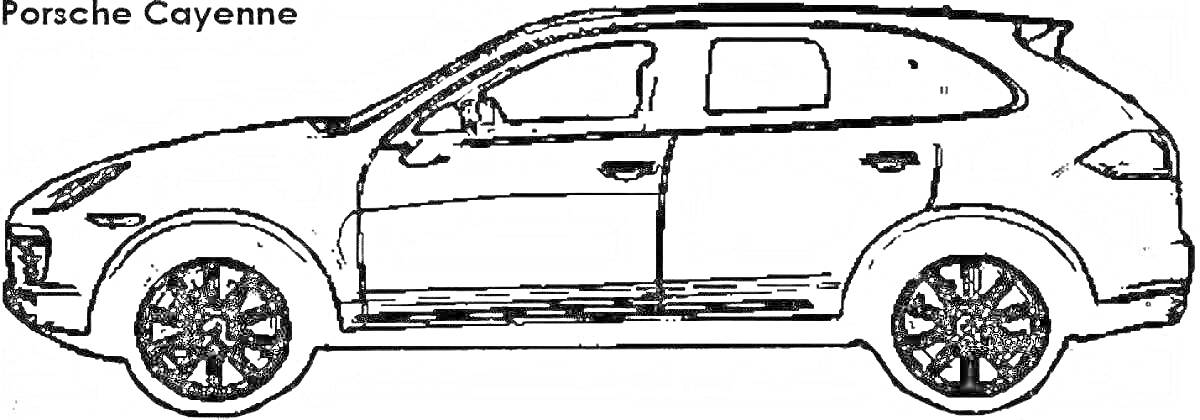 Раскраска Porsche Cayenne, вид сбоку, черно-белая раскраска