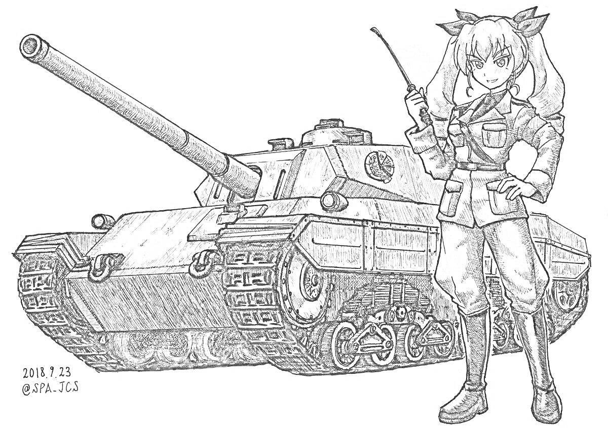 Раскраска Аниме персонаж в военной форме с танком