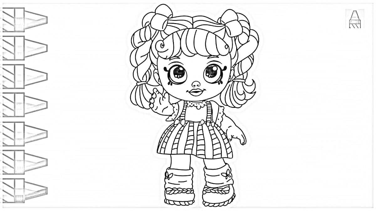 Раскраска Девочка с большими глазами, вязаные косички, полосатое платье и ботинки с ремешками