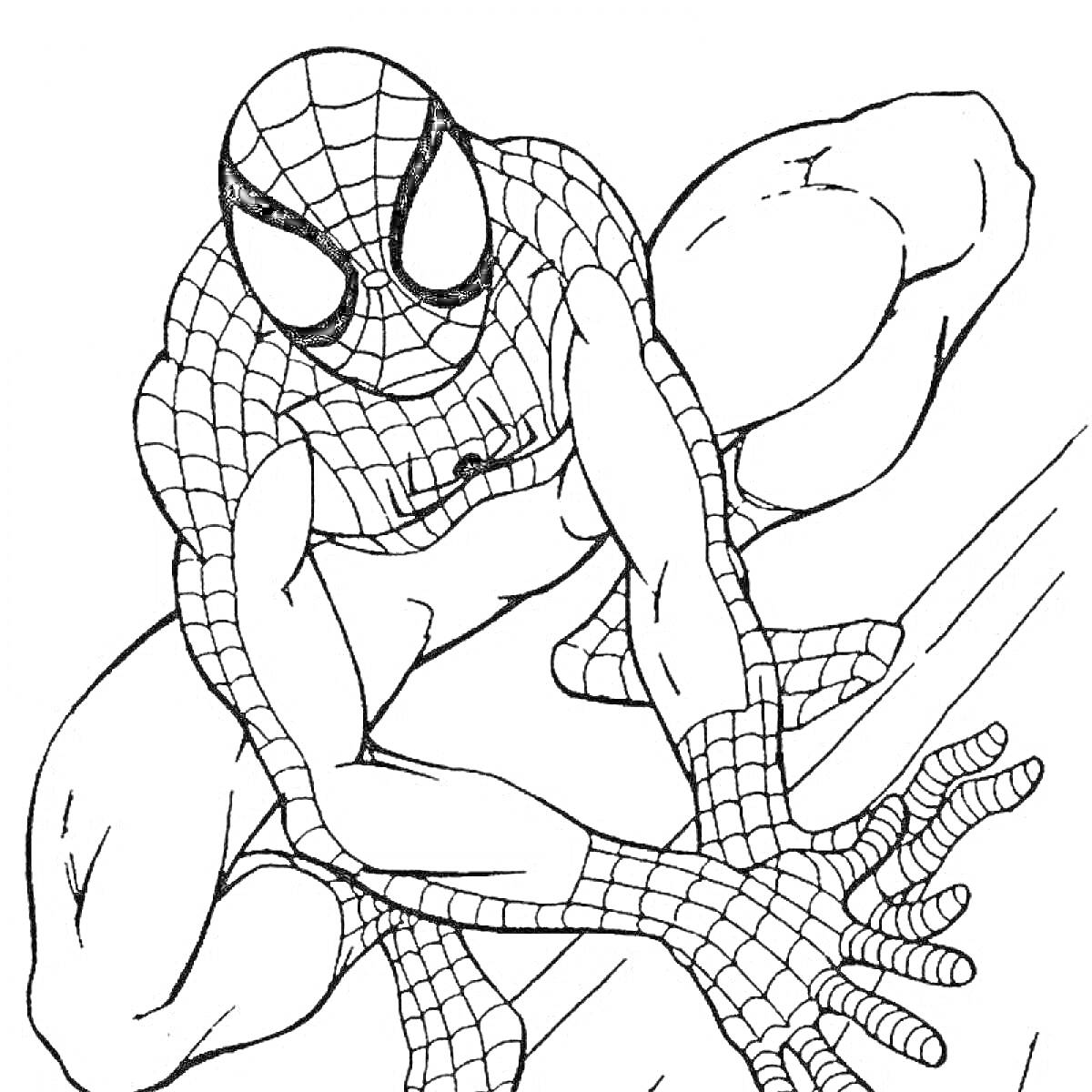 На раскраске изображено: Человек-паук, Для мальчиков, Комиксы, Паутина, Костюм, 6 лет