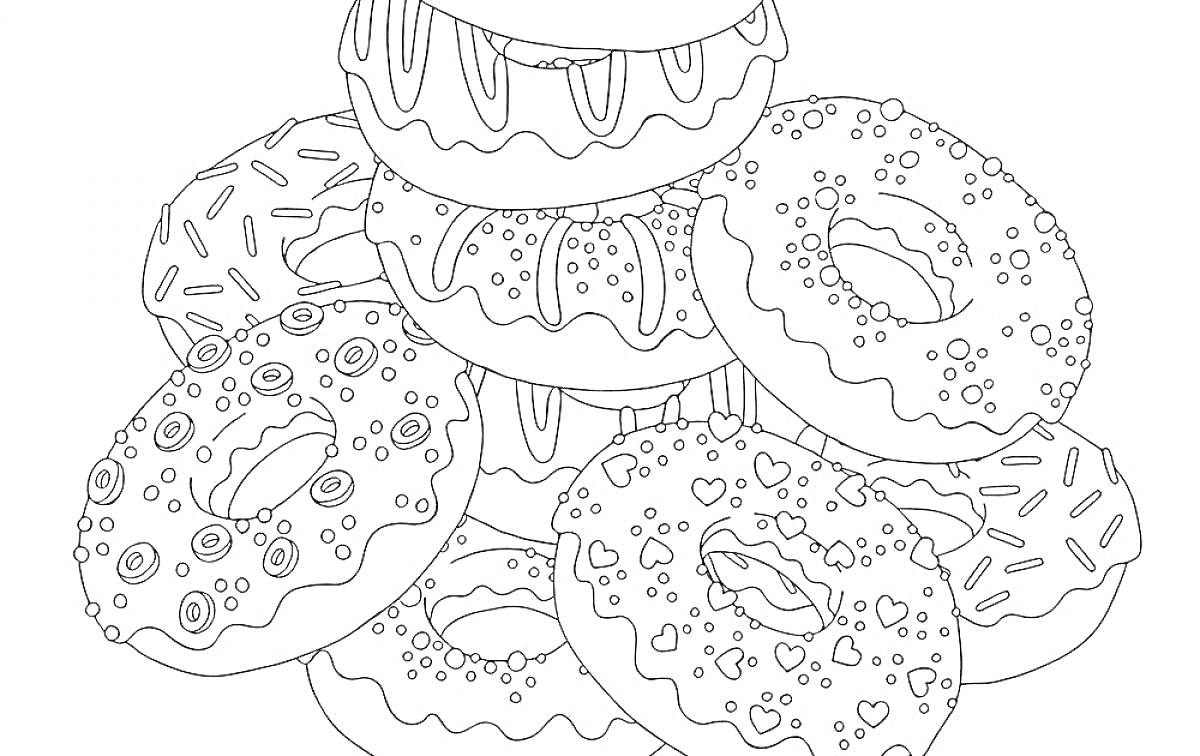 На раскраске изображено: Пончик, Глазурь, Посыпка, Сладости, Творчество, Антистресс