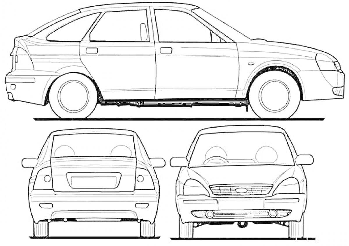 Раскраска Схематическое изображение автомобиля Лада Приора в трех проекциях (профиль, вид сзади и вид спереди)
